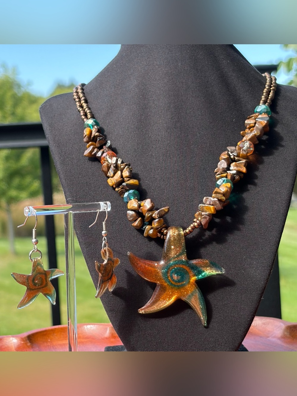 Dichroic Fused Glass Starfish Necklace & Earring Set Tiger’s Eye Crystal Boho